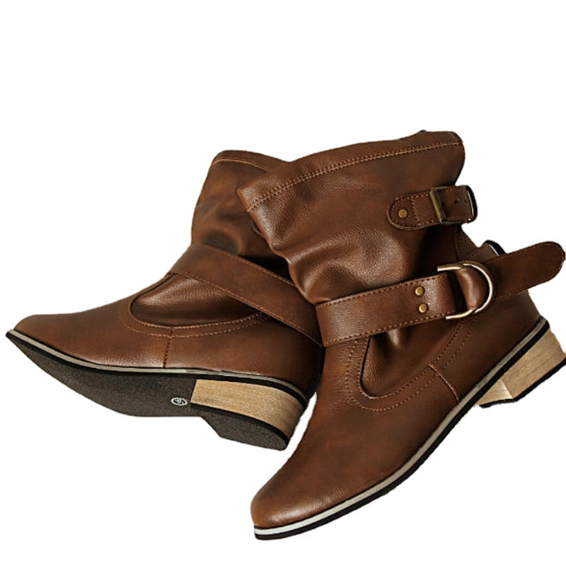 Pantofi pentru femei 2023, design nou cu cataramă pentru curele, cizme de iarnă pentru femei, cizme retro cu platformă cu vârf rotund, cizme ocazionale pentru damă, cizme scurte maro