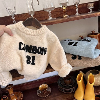 Модно бебе, момиче, момче, пуловер с бродерия с букви, зима, пролет, бебе, малко дете, плетен пуловер, топ, ежедневни бебешки дрехи 1-7 години