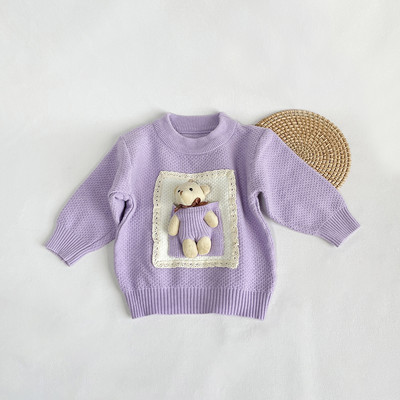 Φθινόπωρο 2023 Νέο σε παιδικά κοριτσάκια με ολόσωμο μπάλωμα με μανίκια ρουχισμένη κούκλα 3D αρκουδάκι πλεκτό κορυφαίο πουλόβερ Παιδικά χαριτωμένα ρούχα με κάτω