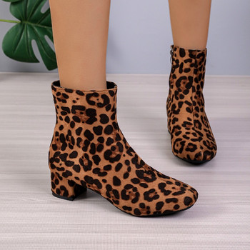 Модни дамски обувки за 2023 г. Леопардови дамски ботуши Ретро глезени Модерни ботуши Дамски шиещи кръгли пръсти Страничен цип Обувки с масивен ток Дамски