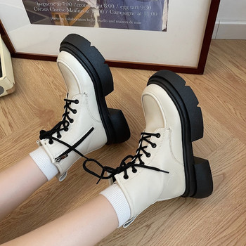 2023 Горещи разпродажби обувки за жени Дамски ботуши до глезена PU ботуши на платформа Дамски обувки със страничен цип и кръгли пръсти с шнурове с резба на ток Дамски обувки
