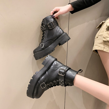 Дамски обувки 2023 г. Дамски ботуши Ботуши на платформа с цип Дамски дамски обувки с нитове и катарама за колан с кръгли пръсти Дамски обувки с квадратен ток