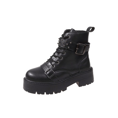 Pantofi Femei 2023 Cizme de damă cu fermoar lateral Cizme de damă cu platformă Cizme de femei cu nituri Cataramă cu dantelă vârf rotund pantofi cu toc pătrat