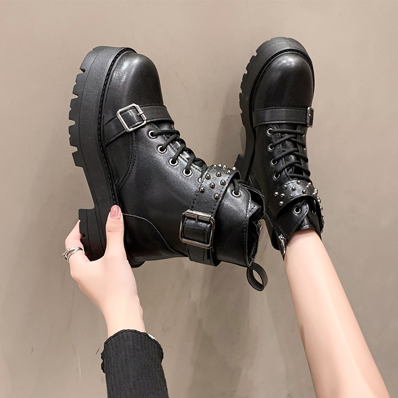 Pantofi Femei 2023 Cizme de damă cu fermoar lateral Cizme de damă cu platformă Cizme de femei cu nituri Cataramă cu dantelă vârf rotund pantofi cu toc pătrat