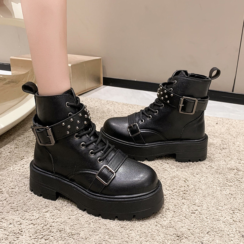 Pantofi Femei 2023 Cizme de damă cu fermoar lateral Cizme de damă cu platformă Cizme de femei cu nituri Cataramă cu dantelă vârf rotund pantofi cu toc pătrat