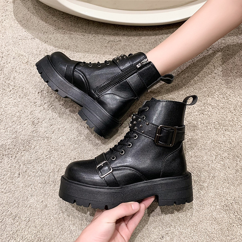 Pantofi Femei 2023 Cizme de damă cu fermoar lateral Cizme de damă cu platformă Cizme de femei cu nituri Cataramă cu dantelă vârf rotund pantofi cu toc pătrat