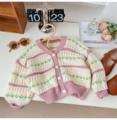 Сладки плетени жилетки на флорални райета Детски момичета Пролет Есен Едноредни пуловери с дълъг ръкав Детски плетен пуловер Топ