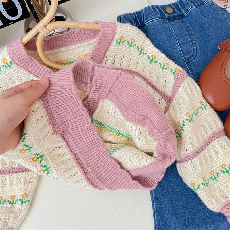 Сладки плетени жилетки на флорални райета Детски момичета Пролет Есен Едноредни пуловери с дълъг ръкав Детски плетен пуловер Топ