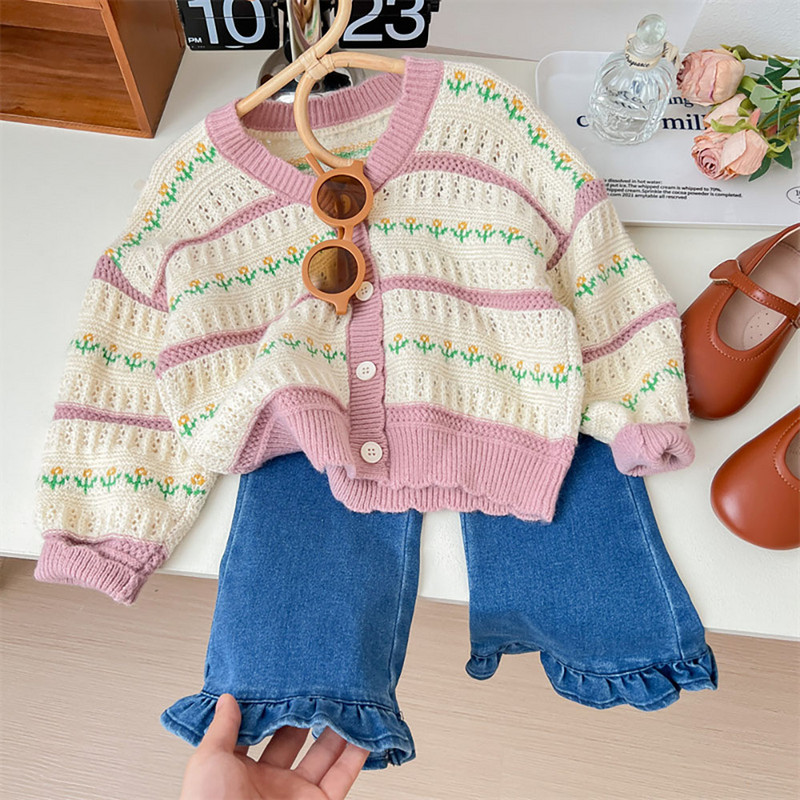 Сладки плетени жилетки на флорални райета Детски момичета Пролет Есен Едноредни пуловери с дълъг ръкав Детски плетен пуловер Топ