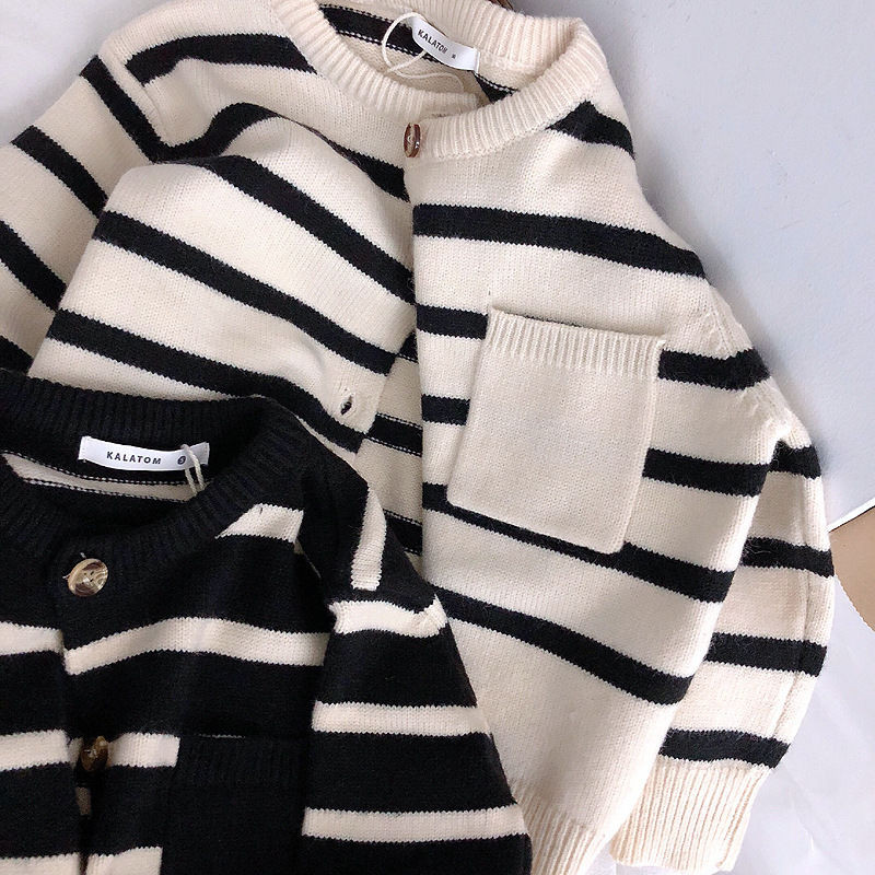 Triibuline laste kampsun Välisriided Laste kootud topid Kardigan Baby üherealine silmkoeline mantel Laste jope ja mantlid