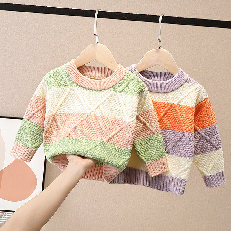 Sügistalv Lastele Pikkade varrukatega O kaelus Rombi värvi plokk Kudumid Kampsun Beebipoistele Kootud Pullover Džemprid