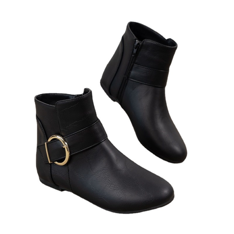 Botine de dama cu toc plat Cizme de moda cu catarama cu bretele Fermoar Pantofi casual varf rotund Cizme solide pentru femei Zapatos Mujer