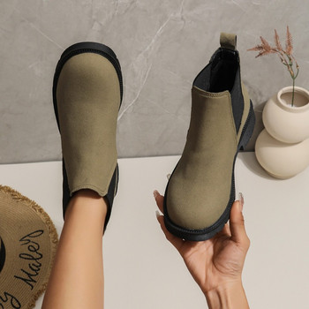 Дамски обувки на разпродажба, 2023 г., висококачествени дамски ботуши с ръкави, есенни модни ботуши с кръгли пръсти, едноцветни къси бъчви, масивен ток