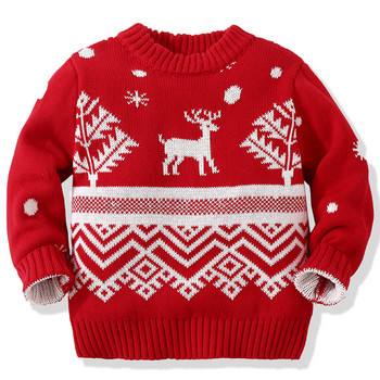 Топли пуловери с дълъг ръкав за бебе момче Есенни детски дрехи Червен коледен елен Детски пуловер за момиче Зимни бебешки плетени горнища