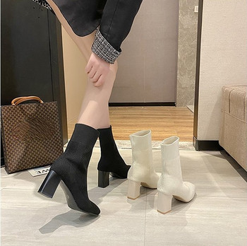 2023 Дамски високи дълги ботуши над коляното Високи токчета Къси плетени ботуши до глезена Зимни топли чорапи Разтегливи секси обувки