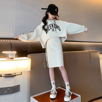 Sügisene laste tüdrukute rõivakomplekt Juunior Letter kapuutsiga pullover, ülaosa ja külje triibuline varrukateta kleit, teismeliste 2 tk.