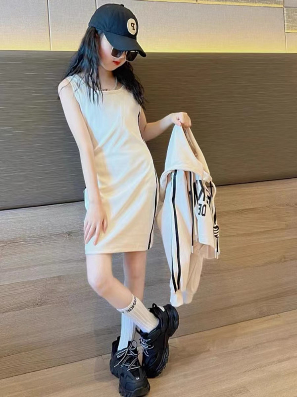 Sügisene laste tüdrukute rõivakomplekt Juunior Letter kapuutsiga pullover, ülaosa ja külje triibuline varrukateta kleit, teismeliste 2 tk.