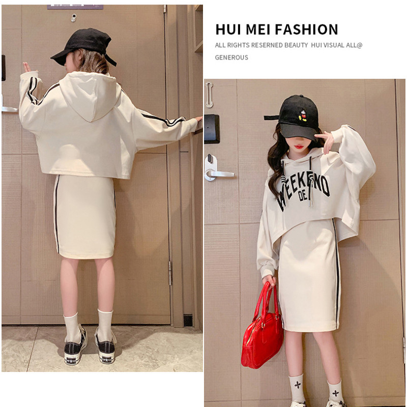 Sügisene laste tüdrukute rõivakomplekt Juunior Letter kapuutsiga pullover, ülaosa ja külje triibuline varrukateta kleit, teismeliste 2 tk.