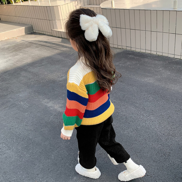 Uus laste sügiskampsun beebidele tüdrukutele poistele talvine pikkade varrukatega triibuline vikerkaare pullover kampsun väikelaste laste kootud soe kampsun