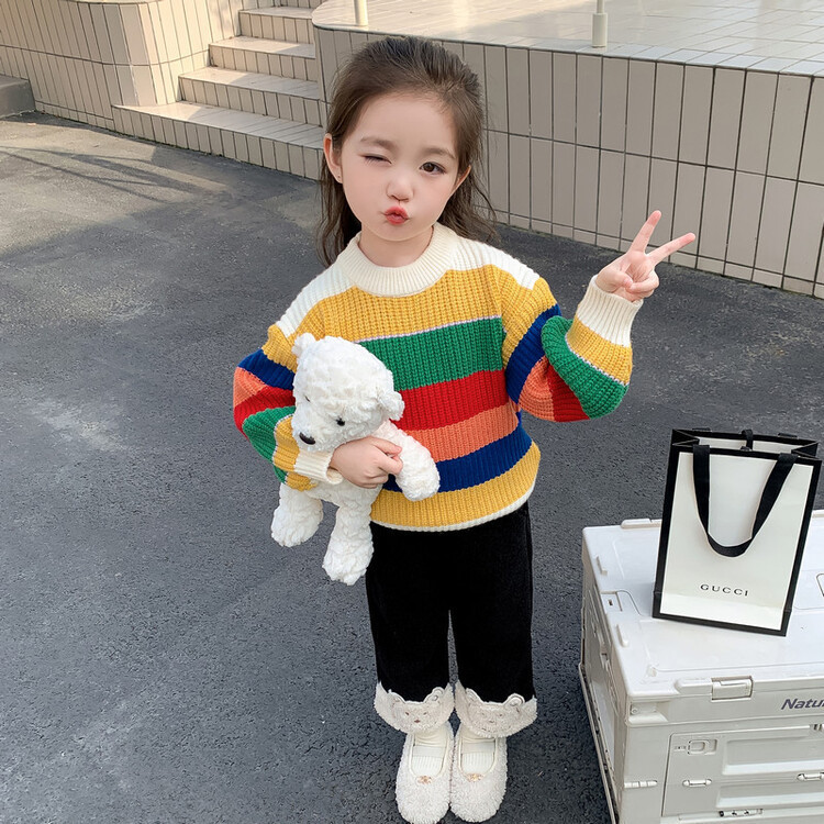 Uus laste sügiskampsun beebidele tüdrukutele poistele talvine pikkade varrukatega triibuline vikerkaare pullover kampsun väikelaste laste kootud soe kampsun