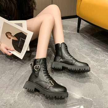 Обувки за жени 2023 Горещи разпродажби Дамски ботуши с кръстосани връзки Модни метални декорации Нови ботуши с резени токчета с кръгли пръсти