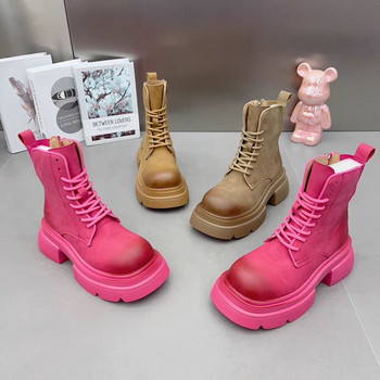 Дизайнерски обувки за жени 2023 Нови розови матови дамски ботуши Британски стил Ботуши с платформа с кръгли пръсти Дамски модни готически обувки