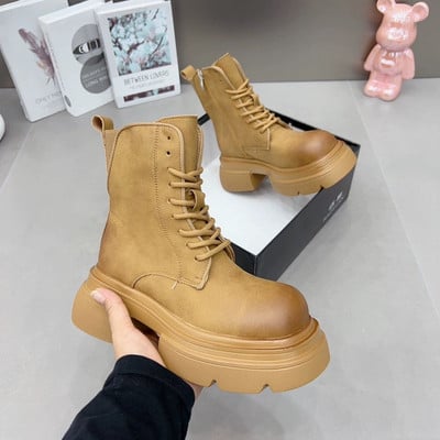 Női dizájner cipők 2023 új rózsaszín matt női csizmák brit stílusú kerek orrú platformcsizmák női divatos gótikus cipők