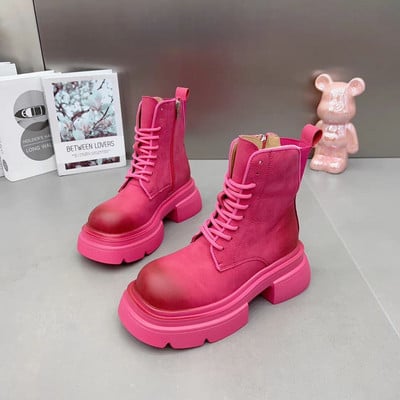 Női dizájner cipők 2023 új rózsaszín matt női csizmák brit stílusú kerek orrú platformcsizmák női divatos gótikus cipők