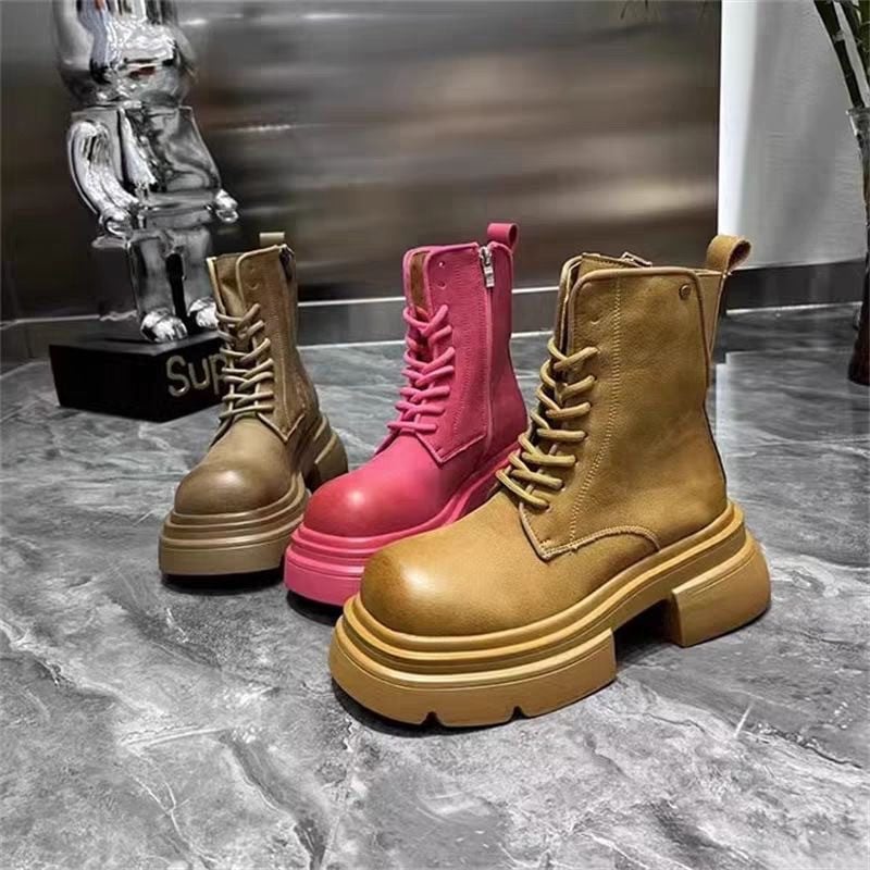 Női dizájner cipők 2023 új rózsaszín matt női csizmák brit stílusú kerek orrú platformcsizmák női divatos gótikus cipők