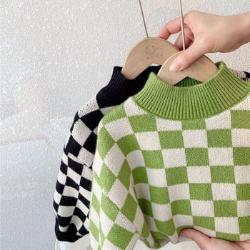 Моден пуловер за бебе, момиче, момче, шахматна дъска, пролет, есен, зима, детски плетен кариран пуловер, топ висококачествени бебешки дрехи 1-7 години