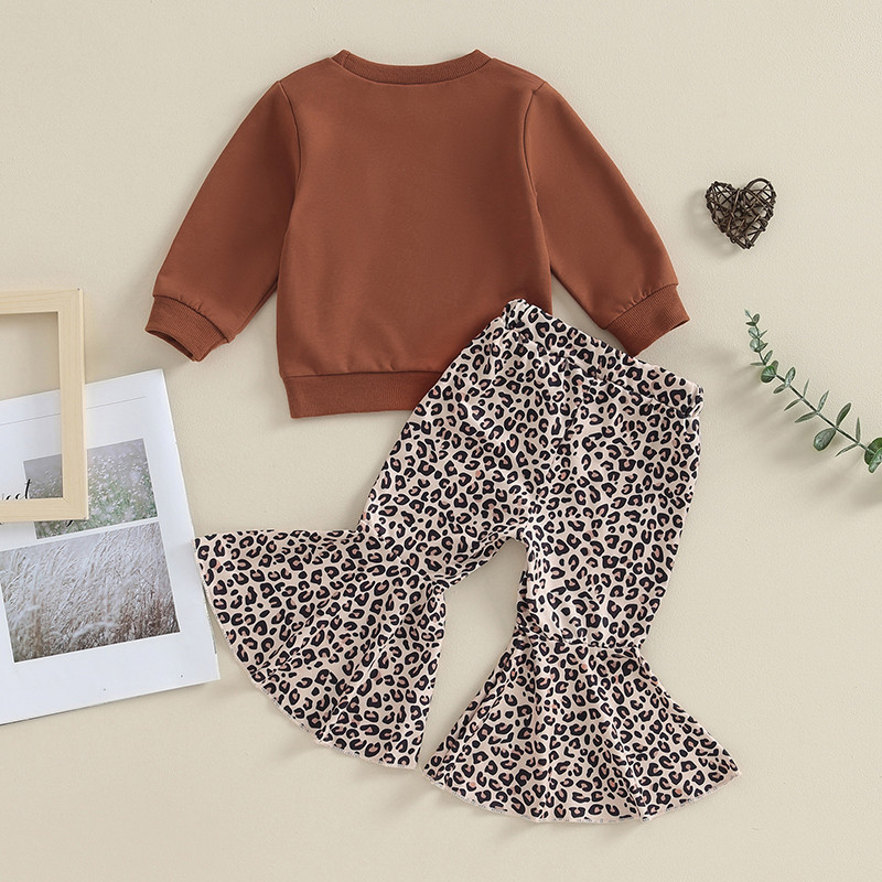 2023-09-05 Lioraitiin 6M-4Y laste tüdrukute rõivakomplekt pikkade varrukatega kirjatrükiga kampsun Leopardimustriga Flare Pant rõivakomplekt