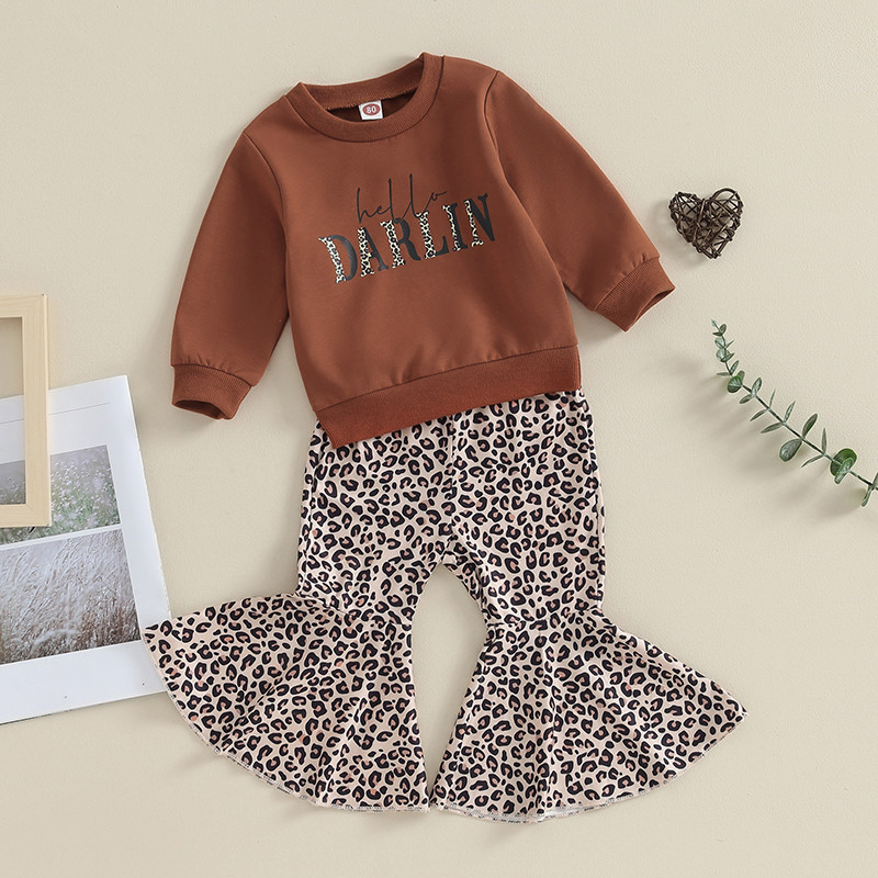 2023-09-05 Lioraitiin 6M-4Y laste tüdrukute rõivakomplekt pikkade varrukatega kirjatrükiga kampsun Leopardimustriga Flare Pant rõivakomplekt