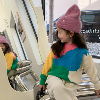 deer jonmi Νέο Φθινόπωρο Baby Girls Patchwork Χρώματα Πλεκτά Πουλόβερ Κορεατικά Παιδικά Πουλόβερ Παιδικά Πουλόβερ