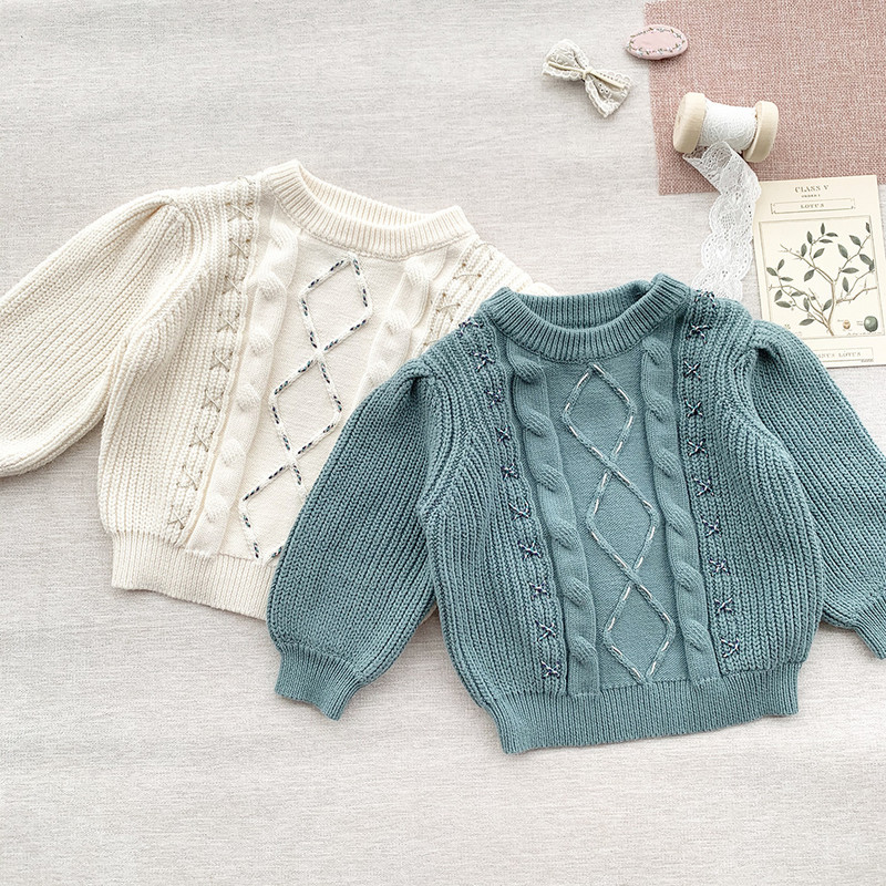 szarvas jonmi 2022 ősz, tipegő lányok kötött pulóverek pulóverek koreai stílusú puffos ujjú elegáns felsők gyerekeknek aranyos meleg pulóver