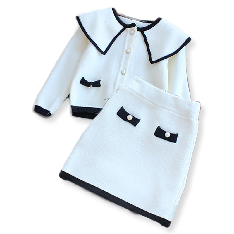 2022 tavaszi új lányok divatos pulóver öltöny hosszú ujjú kardigán szoknya 2 részes szett fehér klasszikus kis illatú elegáns öltöny