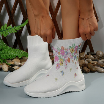 Есенни дамски обувки Трикотажни дамски ботуши на платформа Обувки с принт с кръгли пръсти Дамски мрежести ботуши Големи размери Чорапи Дамски
