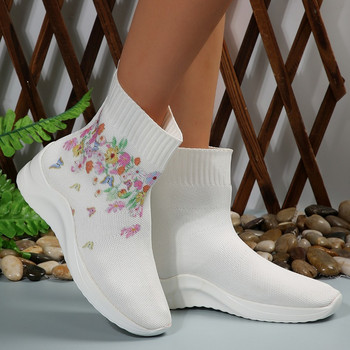 Есенни дамски обувки Трикотажни дамски ботуши на платформа Обувки с принт с кръгли пръсти Дамски мрежести ботуши Големи размери Чорапи Дамски