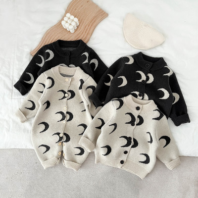 HoneyCherry aranyos Baby Moon mintás kötött kardigán nyomott pulóver Out Romper öltöny kötött pulóver