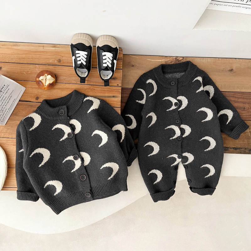 HoneyCherry Cute Baby Moon Moon Cardigan tricotat Pulover Imprimat Costum de salopetă Pulover tricotat