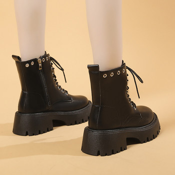 Дамски обувки с големи размери 2023 Зимни дамски ботуши с цип на платформа Боти до глезена Дамски обувки с кръгли пръсти и връзки с квадратен ток