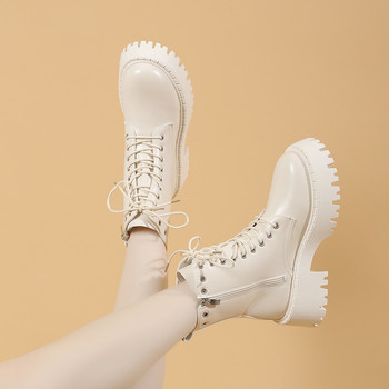 Дамски обувки с големи размери 2023 Зимни дамски ботуши с цип на платформа Боти до глезена Дамски обувки с кръгли пръсти и връзки с квадратен ток