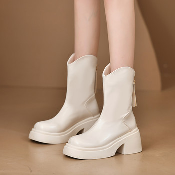 Дамски обувки 2023 Зимни дамски ботуши на платформа до глезена Нови лаконични модерни ботуши Дамски обувки с цип с кръгли пръсти и заден ток Дамски обувки