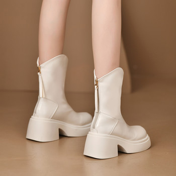 Дамски обувки 2023 Зимни дамски ботуши на платформа до глезена Нови лаконични модерни ботуши Дамски обувки с цип с кръгли пръсти и заден ток Дамски обувки