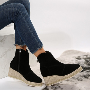 Разпродажба на дамски обувки 2023 г. Нови дамски ботуши със страничен цип Зимни с кръгли пръсти Едноцветни къси ежедневни ботуши на танкетка Zapatos De Mujer