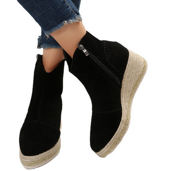 Разпродажба на дамски обувки 2023 г. Нови дамски ботуши със страничен цип Зимни с кръгли пръсти Едноцветни къси ежедневни ботуши на танкетка Zapatos De Mujer