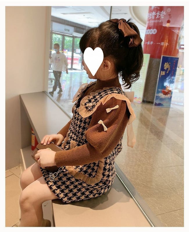 Tüdrukute riided ülikond Sügistüdruk Sweet Thousand Bird Lattice Väike aromaatne tuulevest seelik Kootud puhvis varrukatega kampsuni komplekt Vest