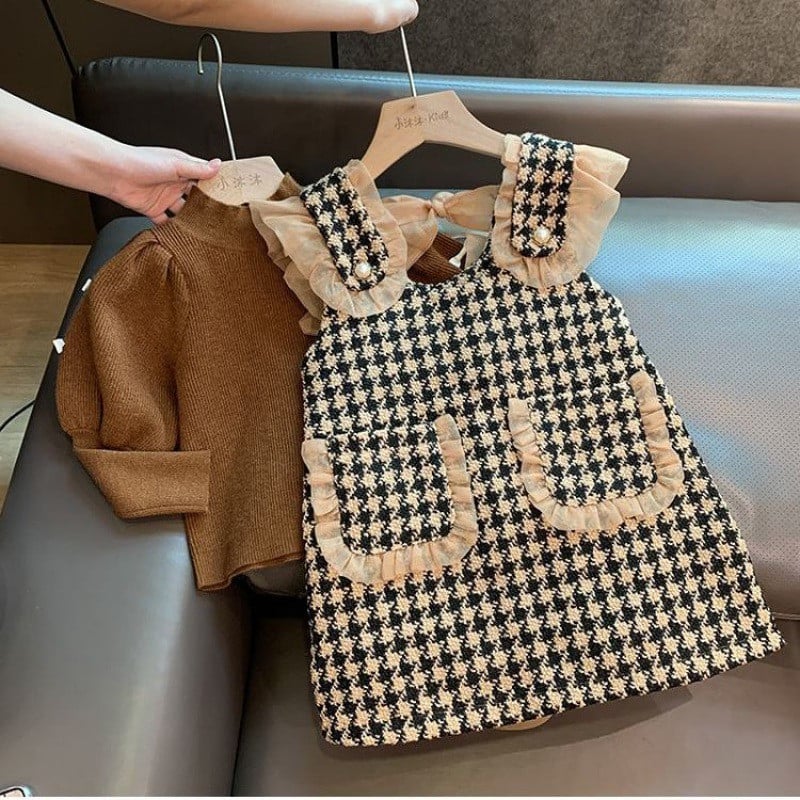 Tüdrukute riided ülikond Sügistüdruk Sweet Thousand Bird Lattice Väike aromaatne tuulevest seelik Kootud puhvis varrukatega kampsuni komplekt Vest