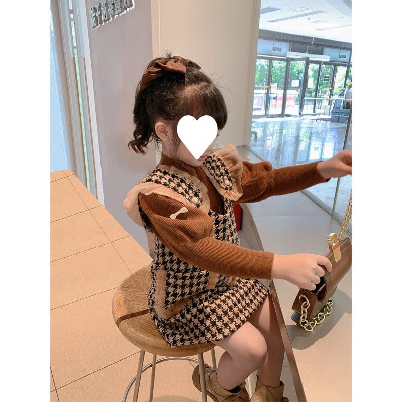 Tüdrukute riided ülikond Sügistüdruk Sweet Thousand Bird Lattice Väike aromaatne tuulevest seelik Kootud puhvis varrukatega kampsuni komplekt Vest