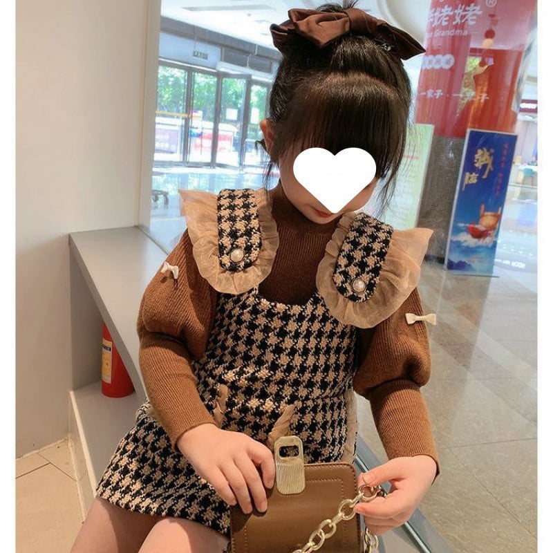 Tüdrukute riided ülikond Sügistüdruk Sweet Thousand Bird Lattice Väike aromaatne tuulevest seelik Kootud puhvis varrukatega kampsuni komplekt Vest