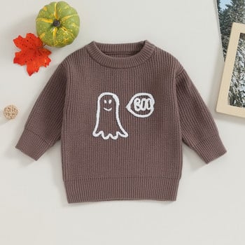 FOCUSNORM 4 цвята Пуловер за малки деца, момчета и момичета 0-6 г. Пуловери с бродерия с призрачни букви и дълги ръкави, плетени връхни дрехи